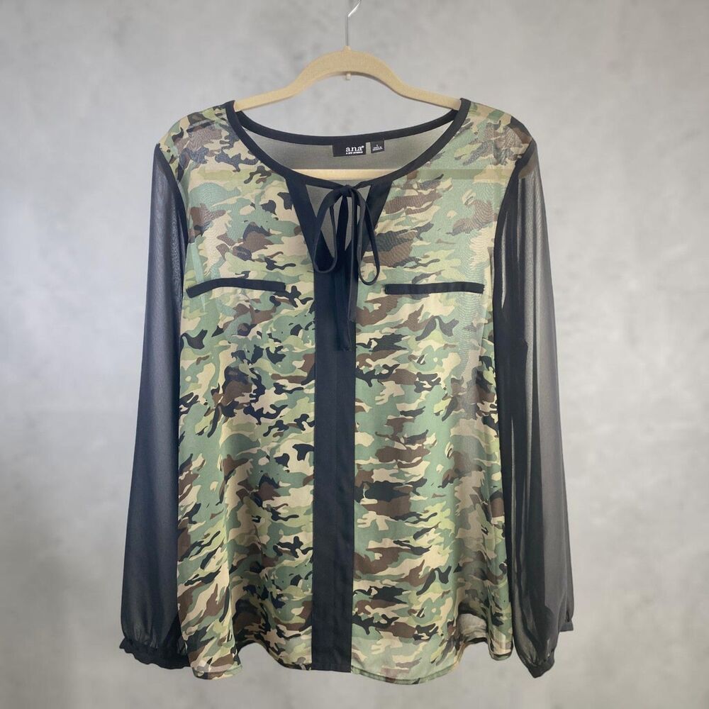 ANA Blouse Large L Camo Sheer Tie V-Neck Chiffon Long Sleeve Camouflage Top